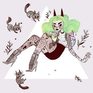 Tattooed girl with horns and cats illustration by Heather Mahler. #HeatherMahler #illustration #art #tattooart #tattooedwomen #girls #watercolor