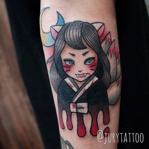 Fox child tattoo by Jury. #Jury #southkorean #color #contemporary #anime #fox #kawaii #kimono
