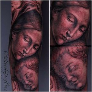 Solemn Mother and Child Tattoo by @TattoosbyJoseFlores #JoseFlores #MotherandChildTattoo #Mother #Child #Mommy #Baby #Momtattoo