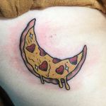 Pizza moon tattoo by Janice Danger #JaniceDanger #gritnglory #colortattoo #newtraditionaltattoo #traditionaltattoo #pizzatattoo #moontattoo #startattoo #hearttattoo #foodtattoos #tattoooftheday