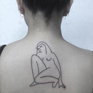 Pin-up outline Tattoo by Caleb Kilby @CalebKilby #CalebKilby #CalebKilbyTattoo #Blackwork #Minimalist #Linework #Black #TwoSnakesTattoo #London