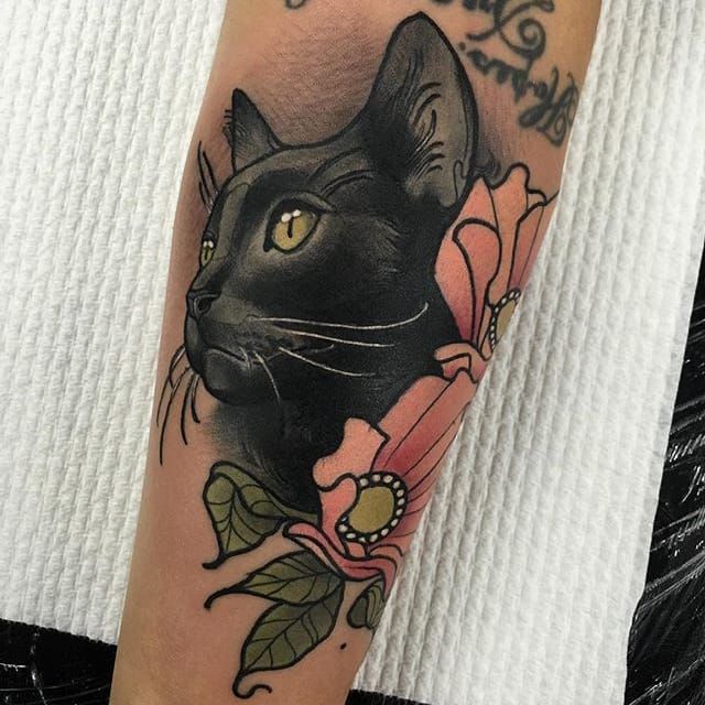 Traditional hissing black cat by Andrea Bartsch at Bee Ink Tattoo in  Minneapolis Minnesota  rtattoos