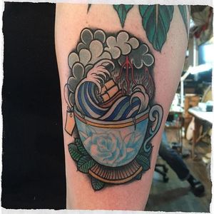 Storm in a teacup tattoo done at Okinawa Ink . #storminateacup #ship #storm #teacup #tea #cup #wave