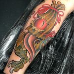 Kasa-obake tattoo by Dan Arietti #DanArietti #danblacksailstattoo #yokaitattoo #color #newschool #Japanese #yokai #ghost #demon #spirit #folklore #legend #spooky #possessed #creature #surreal #weird #umbrella #kasaobake
