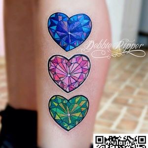 Crystal Heart Tattoo collection on lower leg by Debbie Ripper @DebbieRipper_Tattoo #DebbieRipperTattoo #Crystal #Diamond #Heart #CrystalHeartTattoo #DiamondHeartTattoo