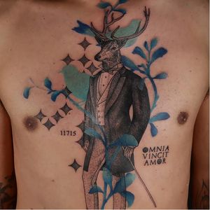 Graphic tattoo by Xoil #script #suit #stag #graphic #bird #color #black #grey #Xoil