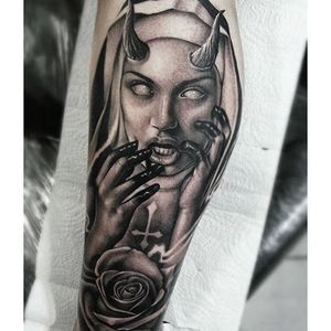 Horned nun tattoo by Samurai Tattoo. #nun #scary #horrifying #creepy #macabre #portrait #horror #blackandgrey #horned #sinister #evil