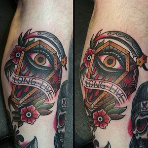 Traditional coffin tattoo by Dominik Dagger. #traditional #DominikDagger #coffin #eyeball #banner #lettering