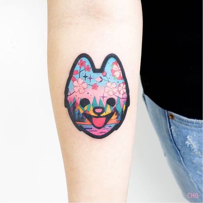 Cute pup tattoo by Chotattooer #Chotattooer #cutetattoos #color #newschool #popart #cherryblossoms #landscape #forest #dog #puppy #cute #stars #sparkle #floral #flowers