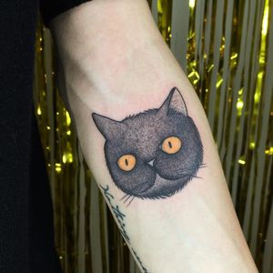 Sweet bb kitty tattoo by J R Fleming #JRFleming #cattattoos #illustrative #color #blackandgrey #cat #petportrait #halloween #linework