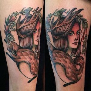 Neo traditional antlered woman of the forest tattoo by Hilary Jane. #HilaryJane #neotraditional #nature #grecian #floraandfauna
