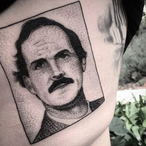 John Cleese box tattoo by Charley Gerardin. #CharleyGerardin #box #portrait #contemporary #pointillism #blackwork #dotwork #handpoke #johncleese #actor