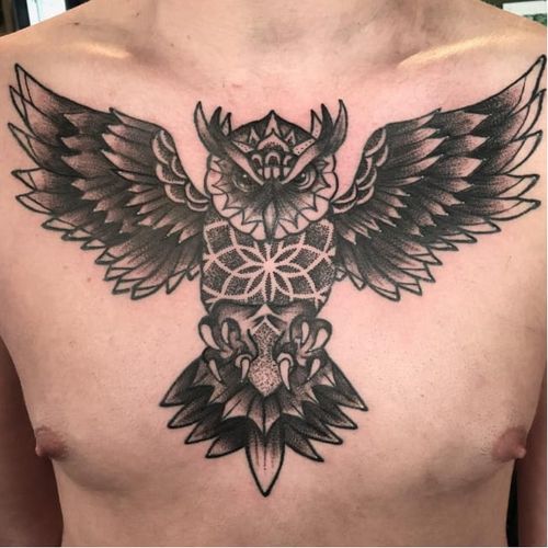Owl tattoo by Ian Atkinson #ianatkinson #mandala #dotwork #owl #bird #chest