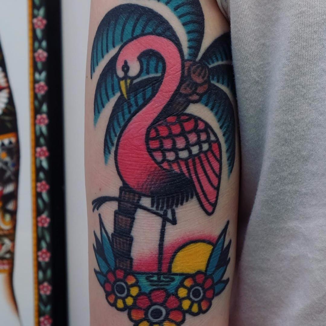 Traditional flamingo tattoo on the forearm