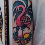 Pink Friend by Electric Martina #ElectricMartina #color #traditional #palmtree #beach #flamingo #sunset #sun #flowers #ocean #nature #landscape #tattoooftheday