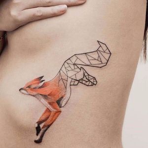 Jumping from math to nature. Tattoo by Jasper Andres. #JasperAndres #geometry #nature #fox #watercolor