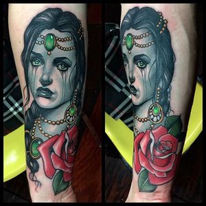 Lady in lament tattoo by Justin Harris. #JustinHarris #neotraditional #sinister #sorrow #sad #woman #lady
