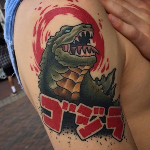 Godzilla tattoo by Sam Warren (IG—sam_mso). #Godzilla #illustrative #SamWarren