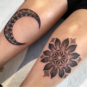 Flower and moon tattoos by Ian Atkinson #ianatkinson #mandala #dotwork #patternwork #intricate #moon #flower
