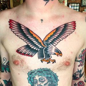 Bold and beautiful chest classic eagle tattoo done by Jason Ochoa. #JasonOchoa #GreenPointTattooCo #traditionaltattoo #boldtattoos #eagle #baldeagle