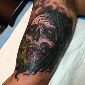 Voodoo Skull Tattoo by Christian Jacobsen #voodooskull #voodooskulltattoo #boldtattoos #darktraditional #intensetattoo #dramatictattoos #creativetattoos #neotraditional #traditional #ChristianJacobsen