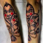 Amazing concept and execution of the tragedy masks. Smile now cry later, tattoo by Evgenia Sin. #EvgeniaSin #neotraditional #coloredtattoo #mask #theater #smilenowcrylater