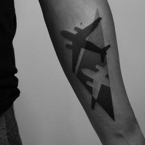 Plane tattoo by Dotyk #Dotyk #negativespace #dotwork #blackwork #geometric #plane #airplane #subtle