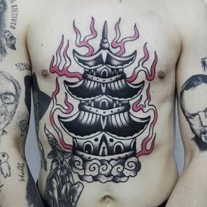 Burning Temple Tattoo by Victor Rebel #burningtemple #traditional #oldschool #classic #boldwillhold #russianartist #VictorRebel