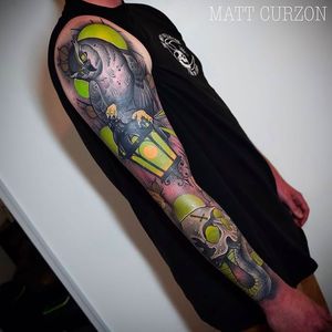 Awesome neo traditional sleeve. #mattcurzon #sleeve #owl #snake #skull #lantern #neotraditional