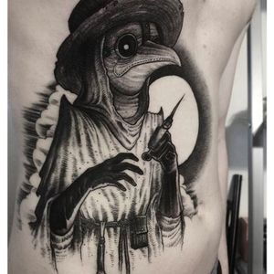 Awesome work by tattoo artist Brandon Herrera. #brandonherrera #darktattoos #blackwork #btattooing #birdmask #scary