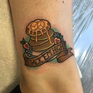 Cute little pancake and banner tattoo by Alex Rowntree. #traditional #banner #pancakes #breakfast #AlexRowntree