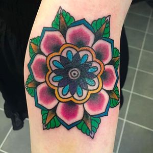 Bright and Bold Flower Mandala Tattoo done at Black Friars Tattoo #BlackFriarsTattoo #Bright #Bold #Flower #Mandala