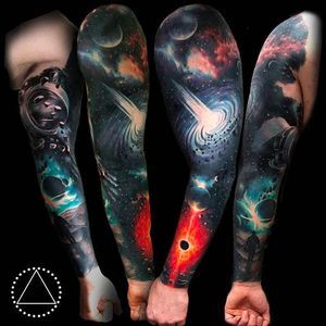 The Vast unknown. Beautiful Galaxy sleeve Tattoo by Saga Anderson @inkbysaga #SagaAnderson #InkbySaga #Realistic #Galaxy #Cosmic #Universe #Stars #Planets #Realismclub