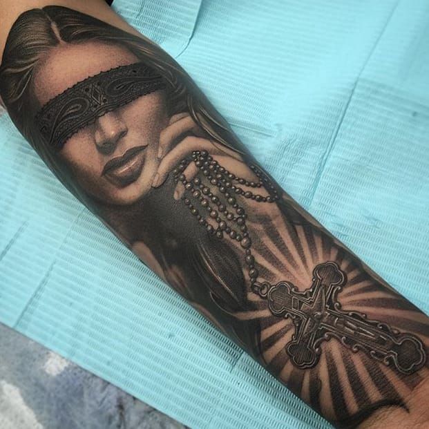 Tattoo uploaded by Stacie Mayer • Healed blindfolded woman by Chris Block.  #healed #blackandgrey #realism #woman #blindfold #feather #ChrisBlock •  Tattoodo