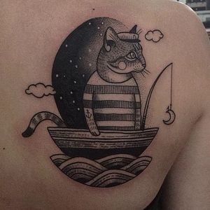 Blackwork cat tattoo by Susanne König. #SusanneKonig #cat #catlover #feline #pet #meow #catowner #catmomma #catdaddy #blackwork #sailor #boat