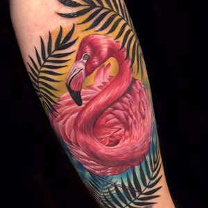 Flamingo by Megan Massacre #meganmassacre #color #newschool #realism #realistic #hyperrealism #flamingo #bird #feathers #wings #pink #leaves #nature #tropical #tattoooftheday