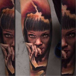 Color realism Mia Wallace tattoo by Charles Huurman. #CharlesHuurman #colorrealism #MiaWallace #femmefatale #classic #pulpfiction #cultfilm #film #movie #QuentinTarantino #moviecharacter #femmefatale #portrait