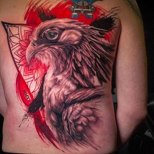Eagle tattoo by Michael Cloutier @cloutiermichael #Michaelcloutier #blackandgray #blackandgrey #blackandred #black #red #trashpolka #realism #eagle