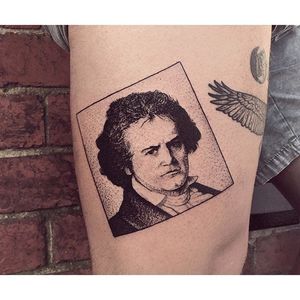 Ludwig van Beethoven box tattoo by Charley Gerardin. #CharleyGerardin #box #portrait #contemporary #pointillism #blackwork #dotwork #handpoke #ludwigvanbeethoven #beethoven #composer #classicalmusic #history #icon