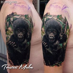 Tatuaje de gorila bebé en progreso por Torsten Malm.  #realismo #farverealismo #WIP #gorilla #TorstenMalm #babygorilla