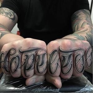 Lettering tattoo by Brigante Tattoo. #handstyle #knuckle #lettering #script #letter #type