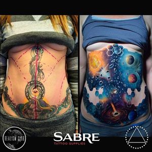 Excellent Coverup tattoo by Saga Anderson @inkbysaga #SagaAnderson #InkbySaga #Realistic #Galaxy #Cosmic #Universe #Stars #Planets #coverup #Realismclub
