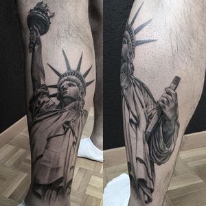 Black and grey realism Statue of Liberty tattoo by Steve Ink. #realism #blackandgrey #newyork #NY #statue #statueofliberty #SteveInk