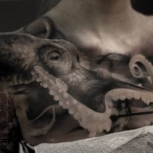 WIP octopus tattoo by Neon Judas #NeonJudas #DavidRinklin #blackandgrey #realistic #realism #macabre #horror #octopus