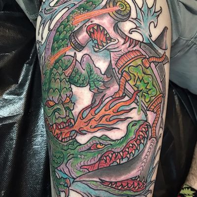 Demon Gator vs Biomechanic Hammerhead by Dave Fox #DaveFox #color #newtraditional #alligator #crocodile #demon #monster #biomechanical #hammerheadshark #shark #waves #fire #lasergun #tattoooftheday