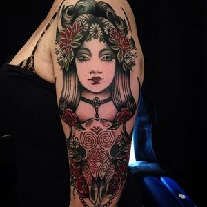 Neo-traditional lady tattoo by Hilary Jane. #HilaryJane #neotraditional #nature #floral #portrait