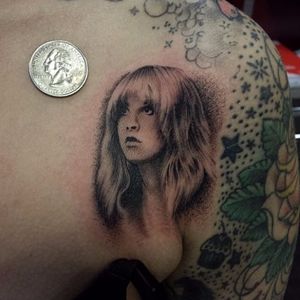 Miniature Stevie Nicks portrait tattoo by Vinny Romanelli. #realism #portrait #miniature #blackandgrey #StevieNicks #VinnyRomanelli