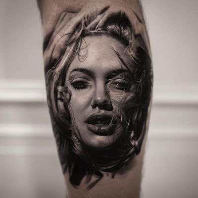 Angelina Jolie tattoo by Inal Bersekov #InalBersekov #portraittattoos #blackandgrey #realism #realistic #hyperrealism #portrait #AngelinaJolie #ladyhead #lady #babe #sexy #hair #lips #eyes