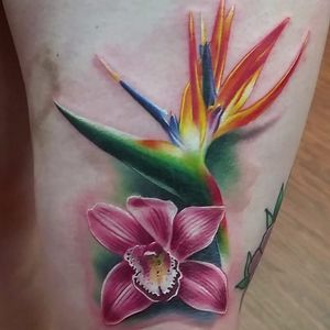 Picturesque color realism orchid and bird of paradise tattoo by @nate_cant. #birdofparadise #craneflower #flower #orchid #realism #colorrealism #nate_cant