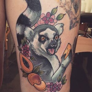 Lemur snacking on some fruit. Tattoo by Ashley Luka. #neotraditional #flowers #fruit #lemur #AshleyLuka #animal #nature